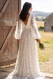A-Line Ivory Floral V-Neck Long Wedding Dress with Long Sleeves