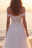 Ivory A-Line Off the Shoulder Corset Long Tulle Wedding Dress