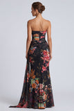 Black Strapless Mermaid Ruched Floral Long Formal Dress with Sash