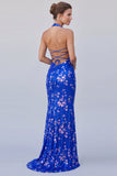 Halter Neck Royal Blue Mermaid Sequins Floral Long Formal Dress