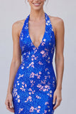 Halter Neck Royal Blue Mermaid Sequins Floral Long Formal Dress