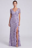 Lilac Mermaid V-Neck Sequins Long Mother of the Bride Dress with Ruffle Slit