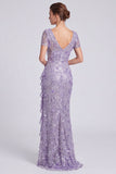 Lilac Mermaid V-Neck Sequins Long Mother of the Bride Dress with Ruffle Slit