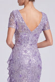 Lilac Mermaid V-Neck Sequins Long Mother of the Bride Dress with Ruffle Slit
