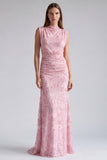 Pink Mermaid Sequins Floral Long Formal Dress