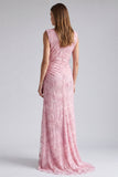 Pink Mermaid Sequins Floral Long Formal Dress