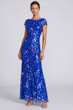 Royal Blue Sequins Mermaid Bateau Neck Floral Long Formal Dress