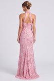Pink Halter Neck Mermaid Floral Long Formal Dress with Slit