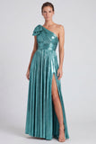 Gold Metallic One Shoulder A-Line Bow Long Formal Dress with Slit