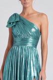 Gold Metallic One Shoulder A-Line Bow Long Formal Dress with Slit