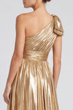 Gold Metallic One Shoulder A-Line Bow Long Formal Dress with Slit