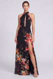 Halter Neck Black Mermaid Floral Chiffon Long Formal Dress with Slit