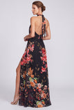 Halter Neck Black Mermaid Floral Chiffon Long Formal Dress with Slit