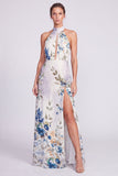 Halter Neck Black Mermaid Floral Chiffon Long Formal Dress with Slit