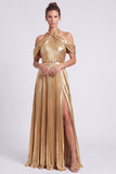 Metallic Gold Halter Neck Pleated A-Line Long Formal Dress with Slit