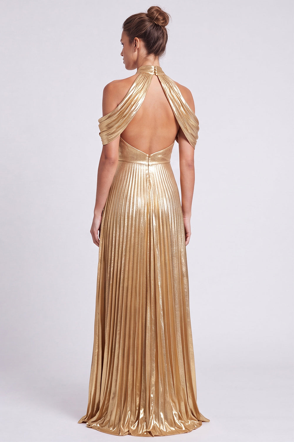 Zapaka Women Gold Metallic Formal Dress with Slit Halter Neck Pleated A-Line Long Evening Dress – ZAPAKA
