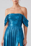 Off the Shoulder Gold Metallic Ruched A-Line Long Formal Dress with Slit