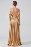 Off the Shoulder Gold Metallic Ruched A-Line Long Formal Dress with Slit