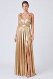A-Line Metallic Gold V-Neck Long Formal Dress with Slit