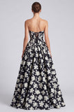 Black White Flower A-Line Sweetheart Corset Long Prom Dress with Lace Up Back