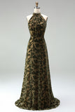 Olive Halter Neck A-Line Velvet Maxi Dress
