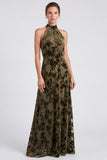 Olive Halter Neck A-Line Velvet Floral Long Formal Dress