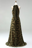 Olive Halter Neck A-Line Velvet Maxi Dress