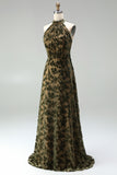 Olive Halter Neck A-Line Velvet Maxi Dress