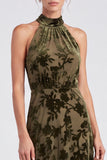 Olive Halter Neck A-Line Velvet Floral Long Formal Dress