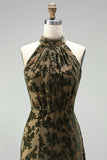 Olive Halter Neck A-Line Velvet Maxi Dress