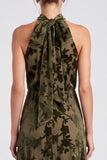 Olive Halter Neck A-Line Velvet Floral Long Formal Dress