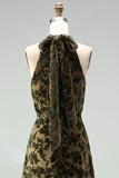 Olive Halter Neck A-Line Velvet Maxi Dress