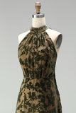 Olive Halter Neck A-Line Velvet Maxi Dress