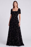 Peacock Blue Square Neck A-Line Velvet Floral Long Formal Dress with Short Sleeves