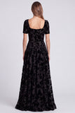 Peacock Blue Square Neck A-Line Velvet Floral Long Formal Dress with Short Sleeves