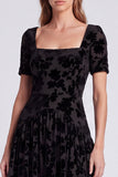 Peacock Blue Square Neck A-Line Velvet Floral Long Formal Dress with Short Sleeves