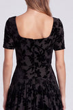 Peacock Blue Square Neck A-Line Velvet Floral Long Formal Dress with Short Sleeves