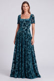 Peacock Blue Square Neck A-Line Velvet Floral Long Formal Dress with Short Sleeves