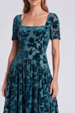 Peacock Blue Square Neck A-Line Velvet Floral Long Formal Dress with Short Sleeves
