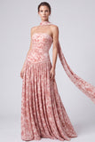 Pink Velvet A-Line Strapless Floral Ruched Long Formal Dress