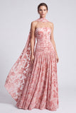 Pink Velvet A-Line Strapless Floral Ruched Long Formal Dress