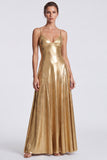 Gold A-Line Metallic Spaghetti Straps Long Formal Dress
