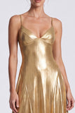 Gold A-Line Metallic Spaghetti Straps Long Formal Dress