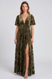 Olive A-Line Floral V-Neck Mother Of the Bride Dress with Slit