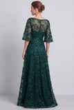 Dark Green A-Line Bateau Neck Sequins Long Mother of the Bride Dress
