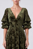 Olive V-Neck Velvet A-Line Floral Long Formal Dress with Half Sleeves