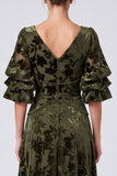 Olive V-Neck Velvet A-Line Floral Long Formal Dress with Half Sleeves