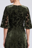 A-Line Olive V-Neck Velvet Floral Ruched Long Formal Dress with Half Sleeves