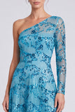 One Shoulder Blue A-Line Floral Sequins Long Formal Dress with Long Sleeve
