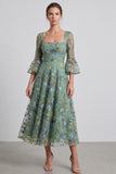 Dusty Sage A-Line Floral Square Neck Midi Formal Dress with Flare Sleeves